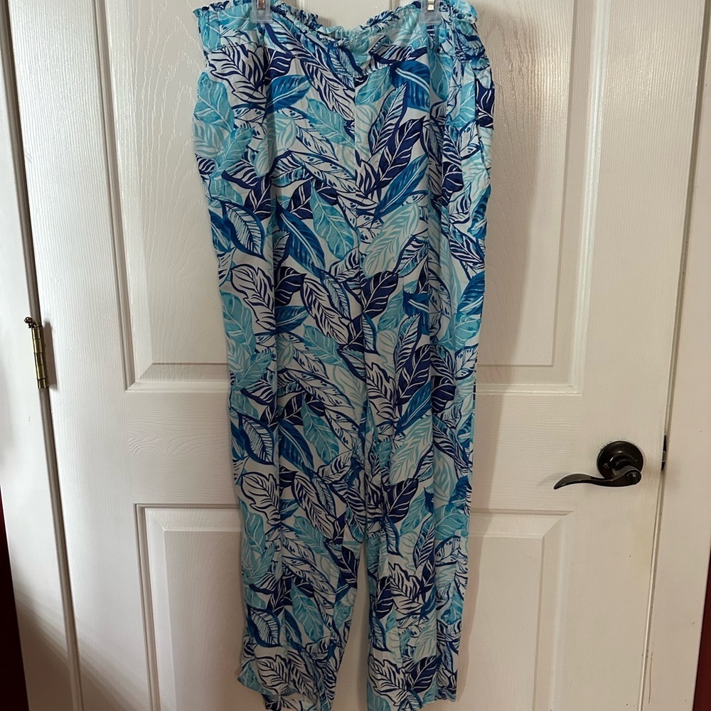 BUNULU Tropical Blue Leaf Wide Leg Pants